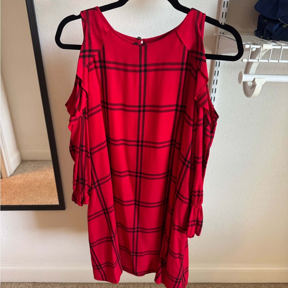 LOFT Red Plaid Cold Shoulder Dress